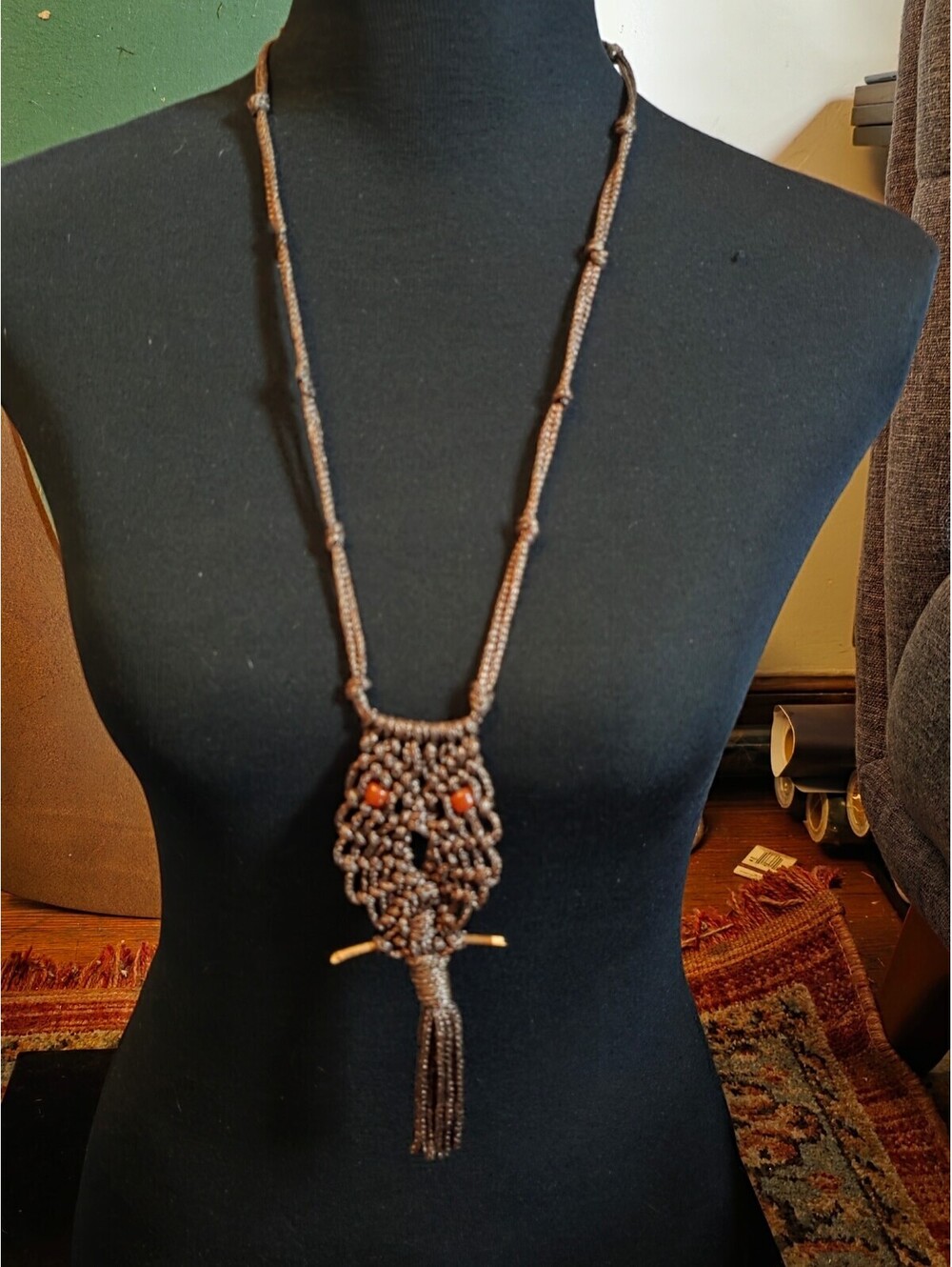 Vintage 1970s Boho Woven Macrame Owl Tassel Pendant Necklace